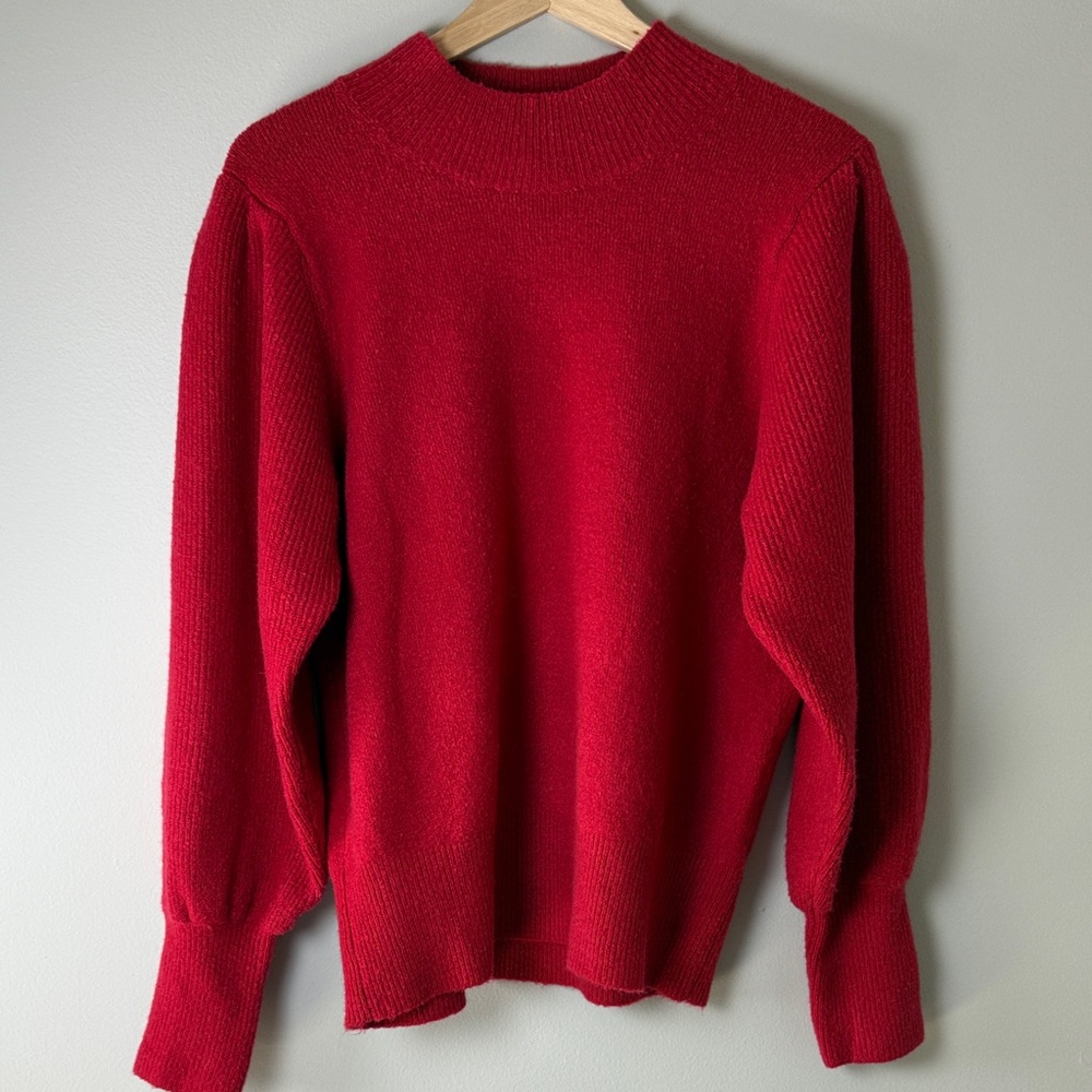 French Connection Red Puff Sleeve Sweater Size L Cozy Knit Mock Neck